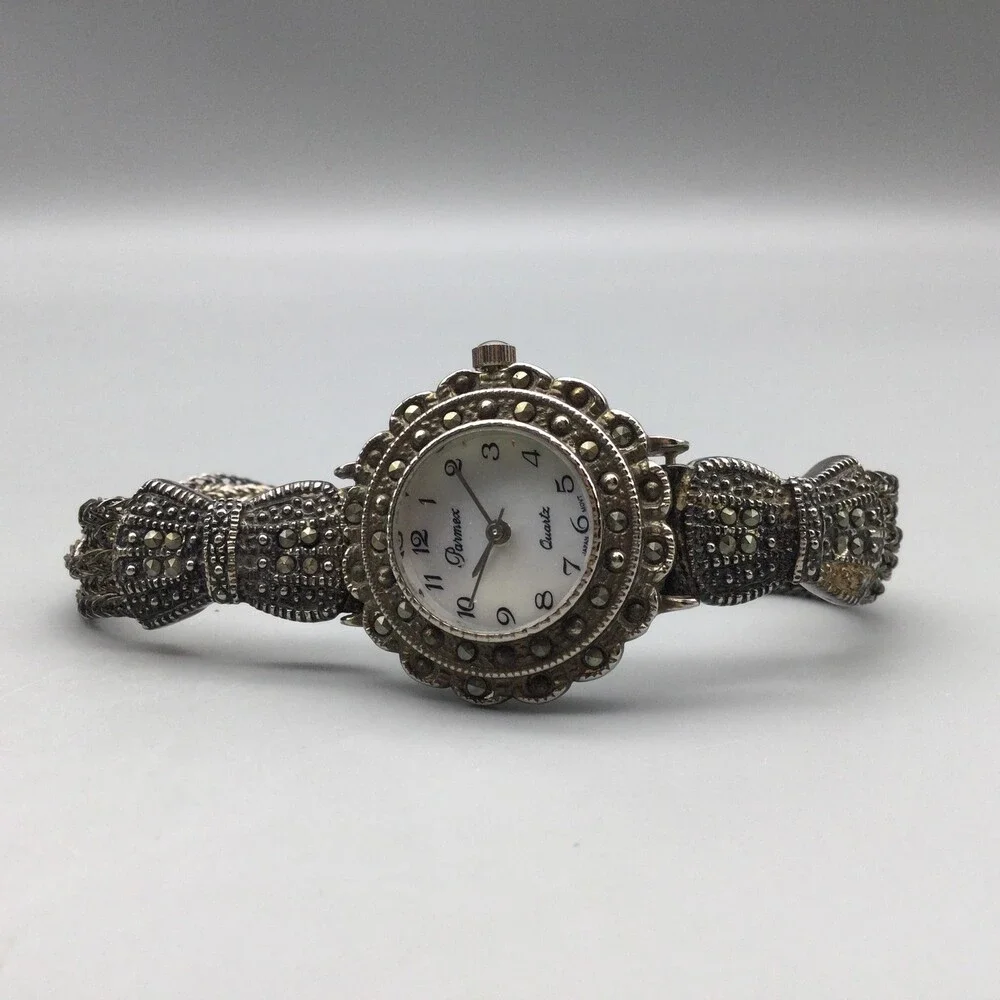 Pamex Womens Watch 26mm Silver Tone Marcasite MOP Dial New Battery 6.5